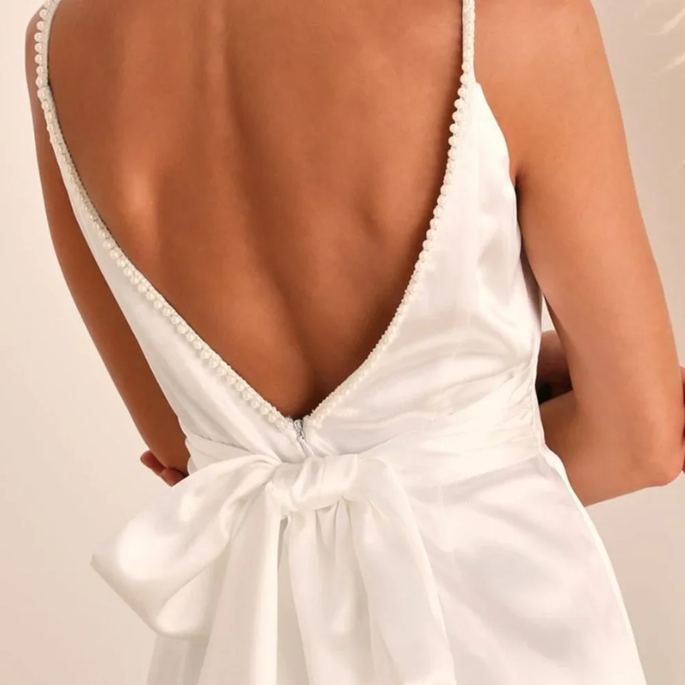 Ready For Forever White Satin Pearl Tie-Back Maxi Dress - Picture 2 of 4